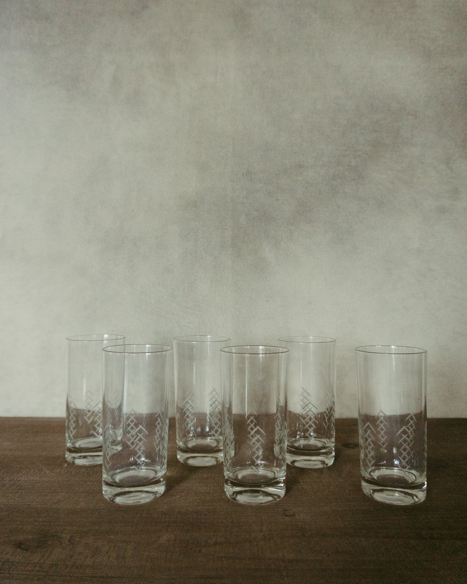 Vintage Set of Six Clear Crosshatched Drinking Glasses