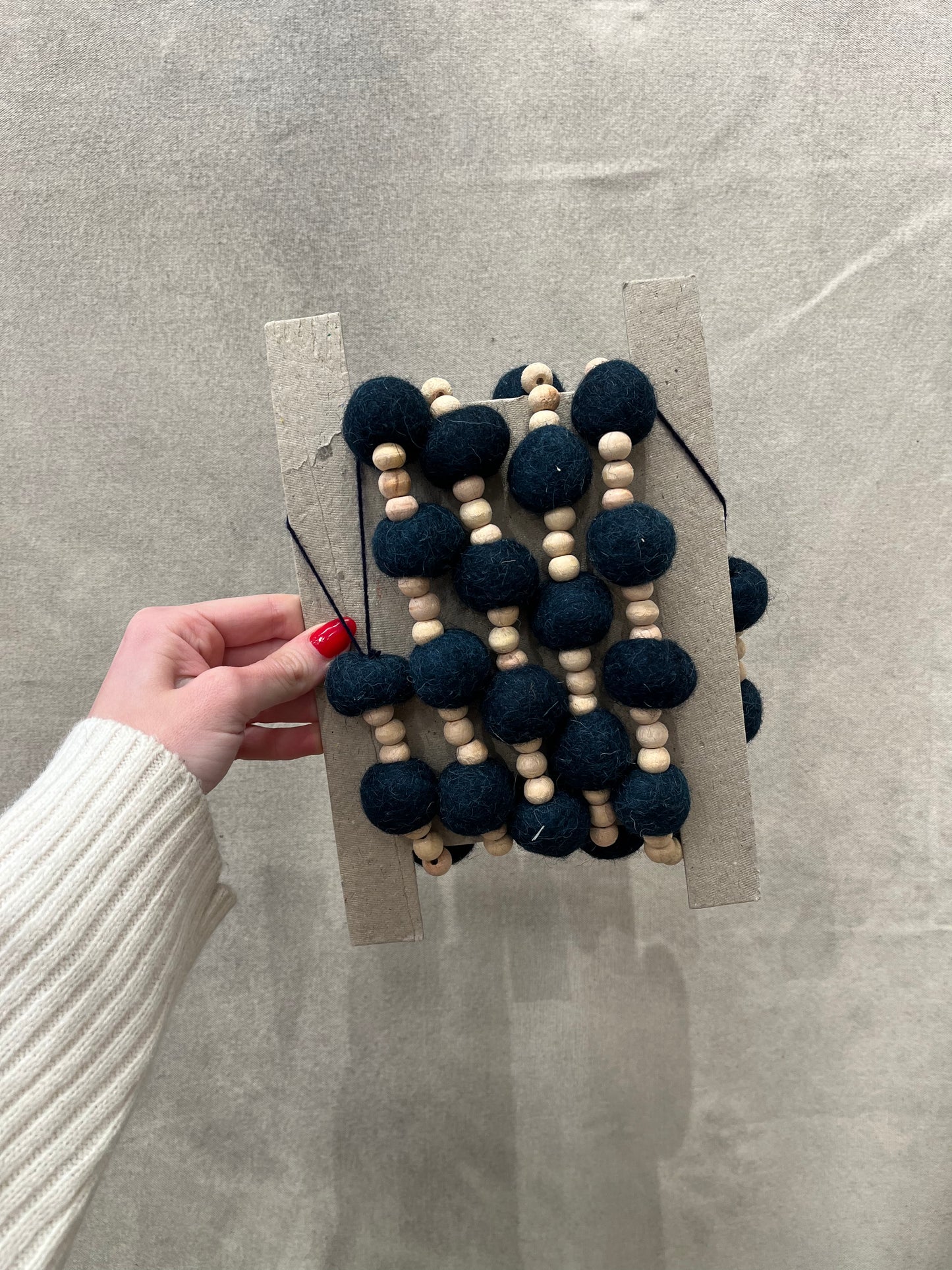 Natural & Blue Wool Felt Ball Garland with Wood Beads