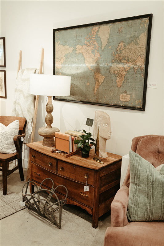 Carved Wooden Table Lamp with Off-White Barrel Shade