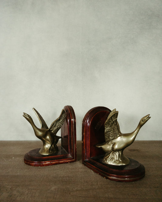 Vintage Pair of Petite Brass & Wood Goose Bookends