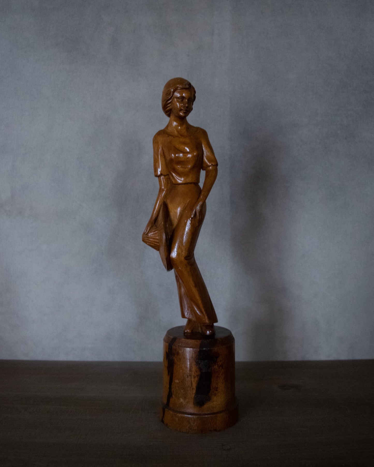 Vintage Wooden Lady Holding Hat on Base