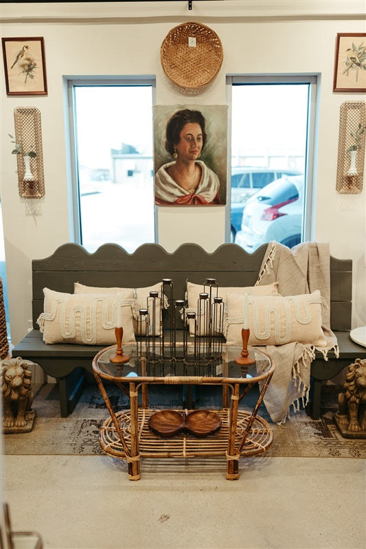 Oval Cane Table with Glass Top