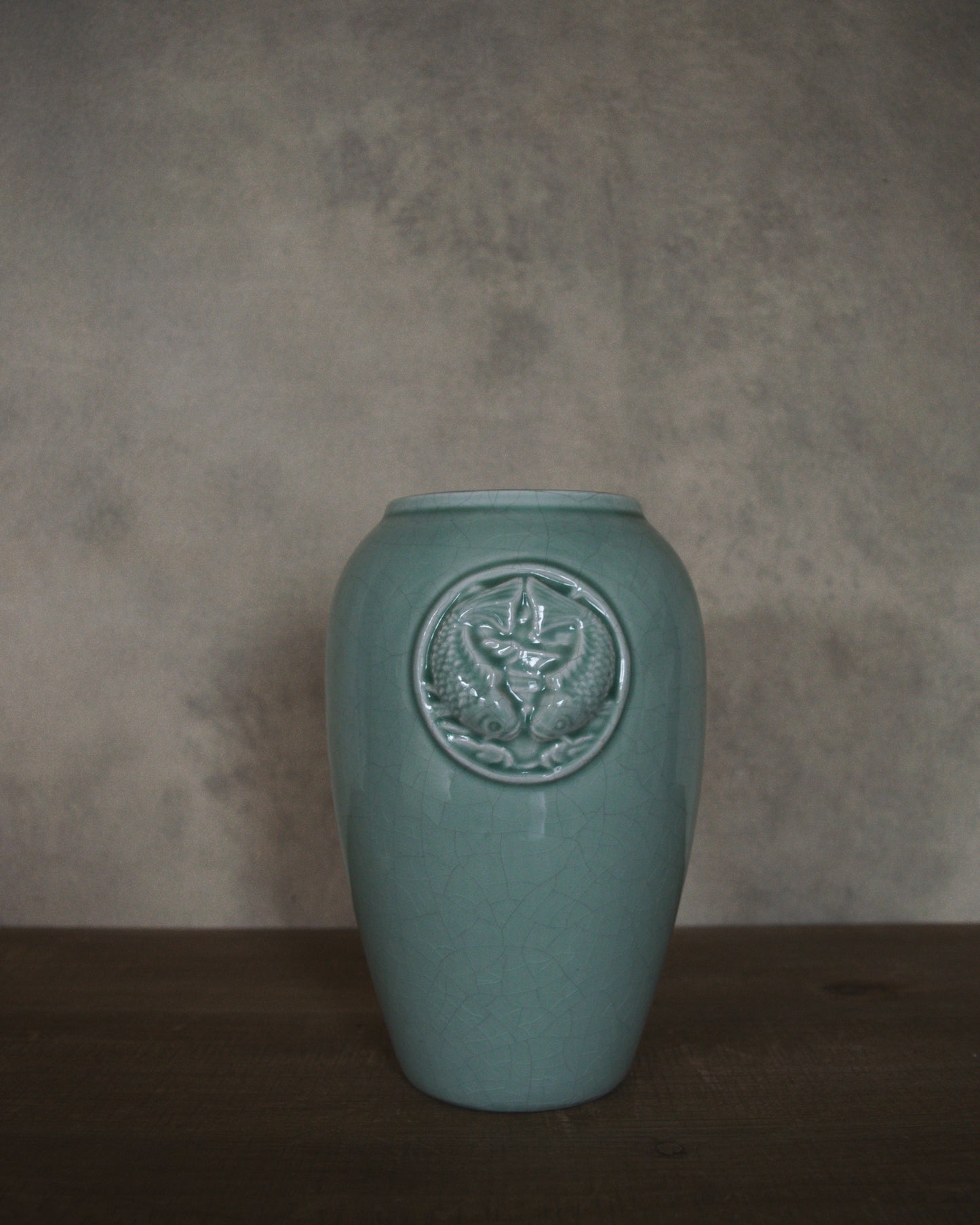 Vintage Blue Grey Porcelain Vase with Fish