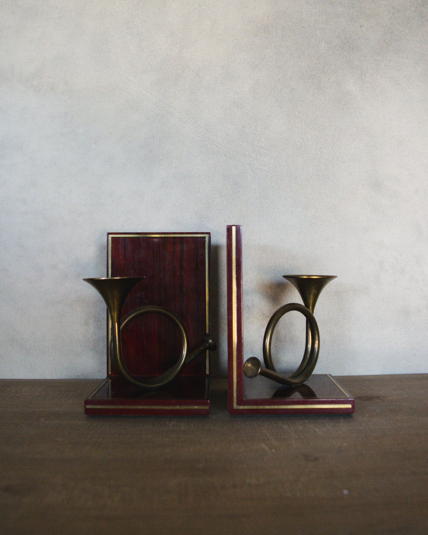 Vintage Pair of Wood and Brass French Horns Bookends