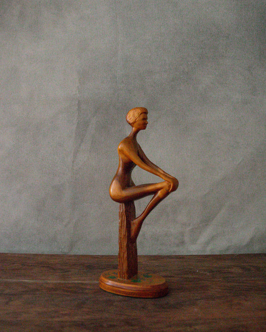 Vintage Wooden Lady Sitting on Wood Sculpture